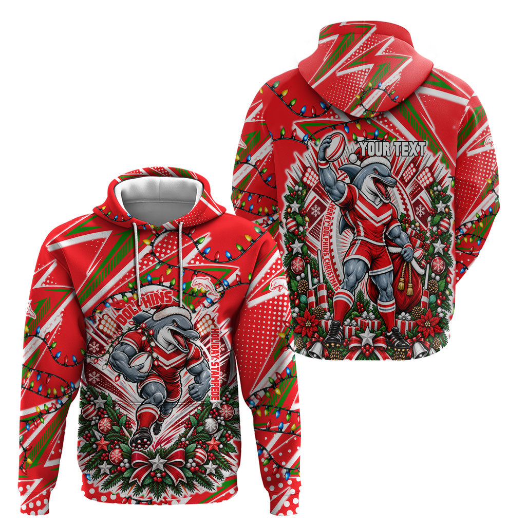 Personalized Dolphins Rugby Christmas Hoodie Holiday Mascot Graphic Art Festive Lights Bow
