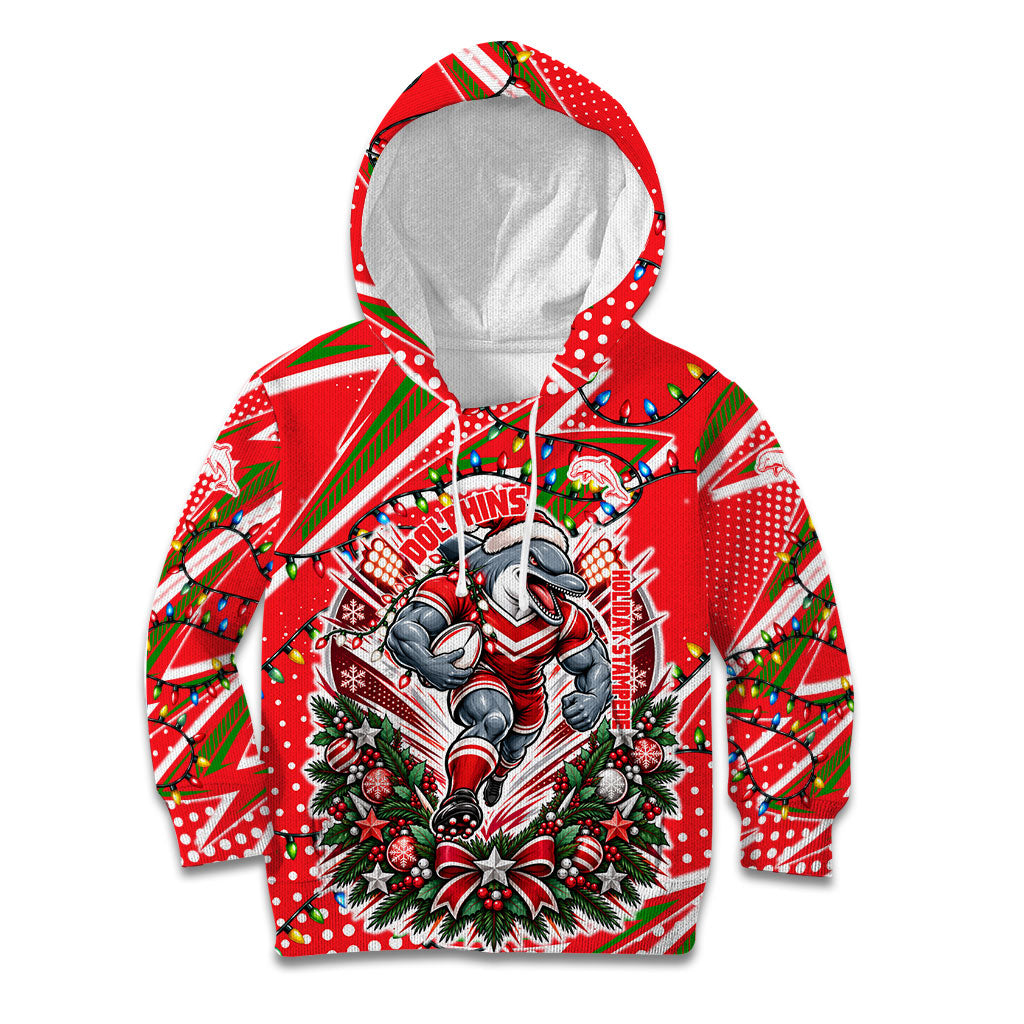 Personalized Dolphins Rugby Christmas Kid Hoodie Holiday Mascot Graphic Art Festive Lights Bow