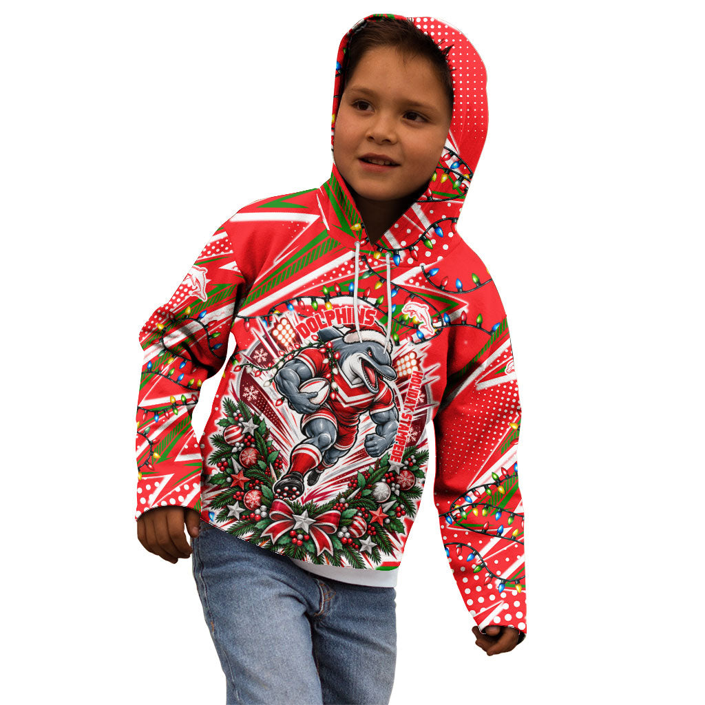 Personalized Dolphins Rugby Christmas Kid Hoodie Holiday Mascot Graphic Art Festive Lights Bow