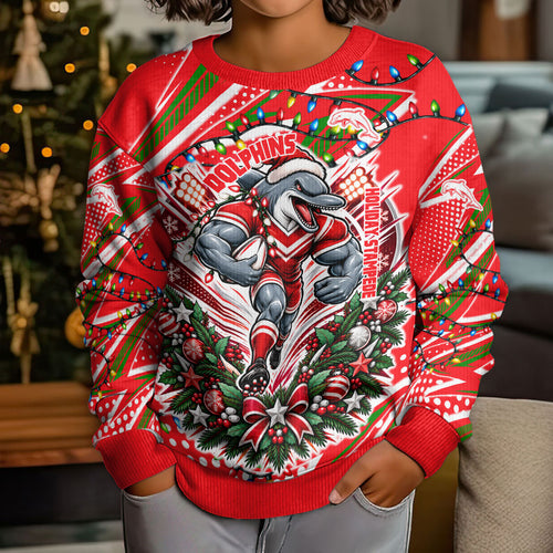 Personalized Dolphins Rugby Christmas Kid Ugly Christmas Sweater Holiday Mascot Graphic Art Festive Lights Bow