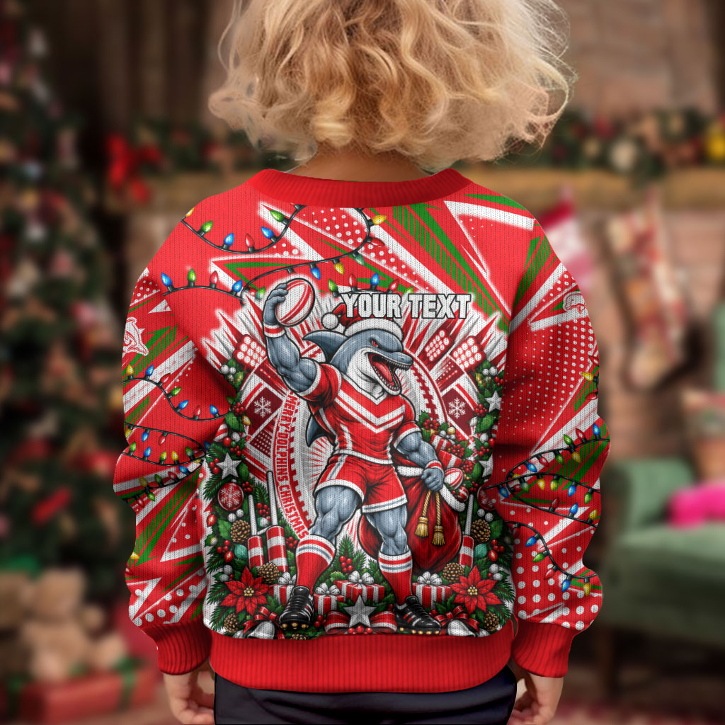 Personalized Dolphins Rugby Christmas Kid Ugly Christmas Sweater Holiday Mascot Graphic Art Festive Lights Bow