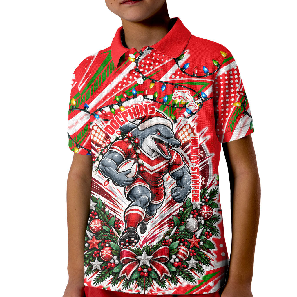 Personalized Dolphins Rugby Christmas Kid Polo Shirt Holiday Mascot Graphic Art Festive Lights Bow