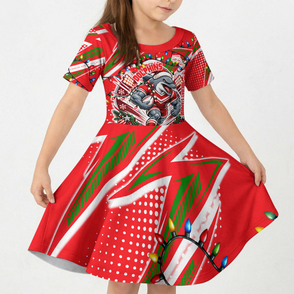 Personalized Dolphins Rugby Christmas Kid Short Sleeve Dress Holiday Mascot Graphic Art Festive Lights Bow