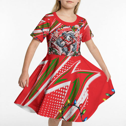 Personalized Dolphins Rugby Christmas Kid Short Sleeve Dress Holiday Mascot Graphic Art Festive Lights Bow