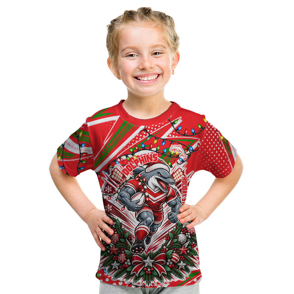 Personalized Dolphins Rugby Christmas Kid T Shirt Holiday Mascot Graphic Art Festive Lights Bow