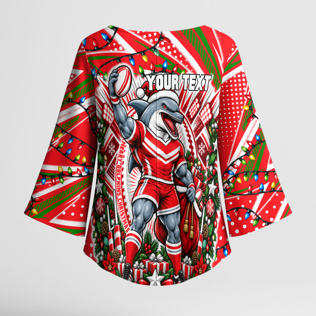 Personalized Dolphins Rugby Christmas Kimono Sleeve Blouse Holiday Mascot Graphic Art Festive Lights Bow