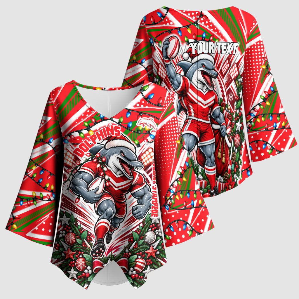 Personalized Dolphins Rugby Christmas Kimono Sleeve Blouse Holiday Mascot Graphic Art Festive Lights Bow