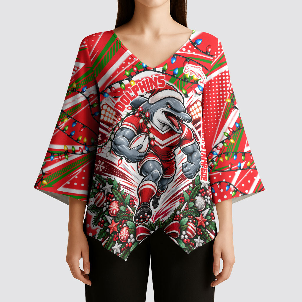 Personalized Dolphins Rugby Christmas Kimono Sleeve Blouse Holiday Mascot Graphic Art Festive Lights Bow