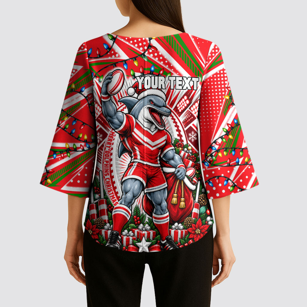 Personalized Dolphins Rugby Christmas Kimono Sleeve Blouse Holiday Mascot Graphic Art Festive Lights Bow