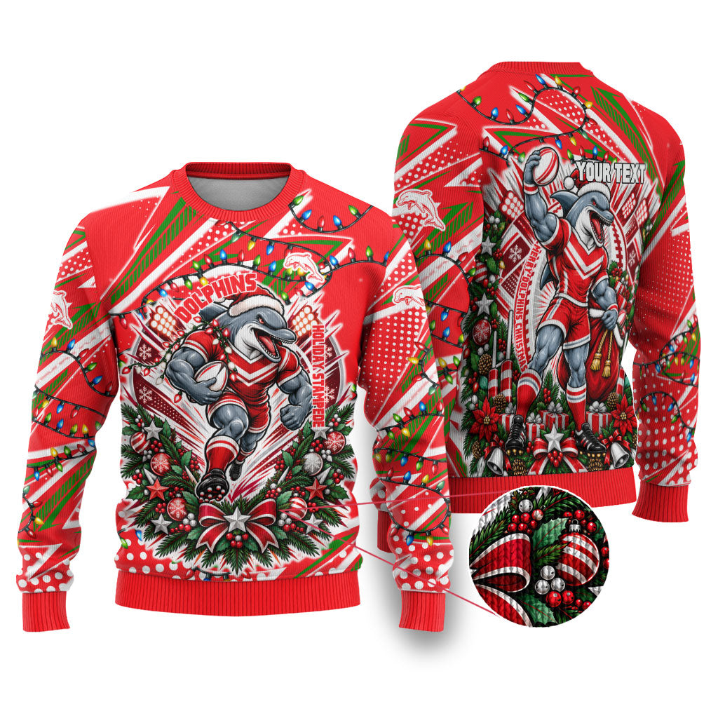 Personalized Dolphins Rugby Christmas Ugly Christmas Sweater Holiday Mascot Graphic Art Festive Lights Bow