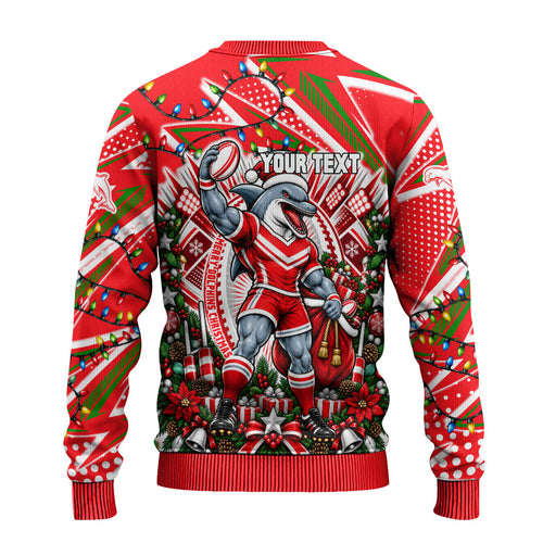 Personalized Dolphins Rugby Christmas Ugly Christmas Sweater Holiday Mascot Graphic Art Festive Lights Bow