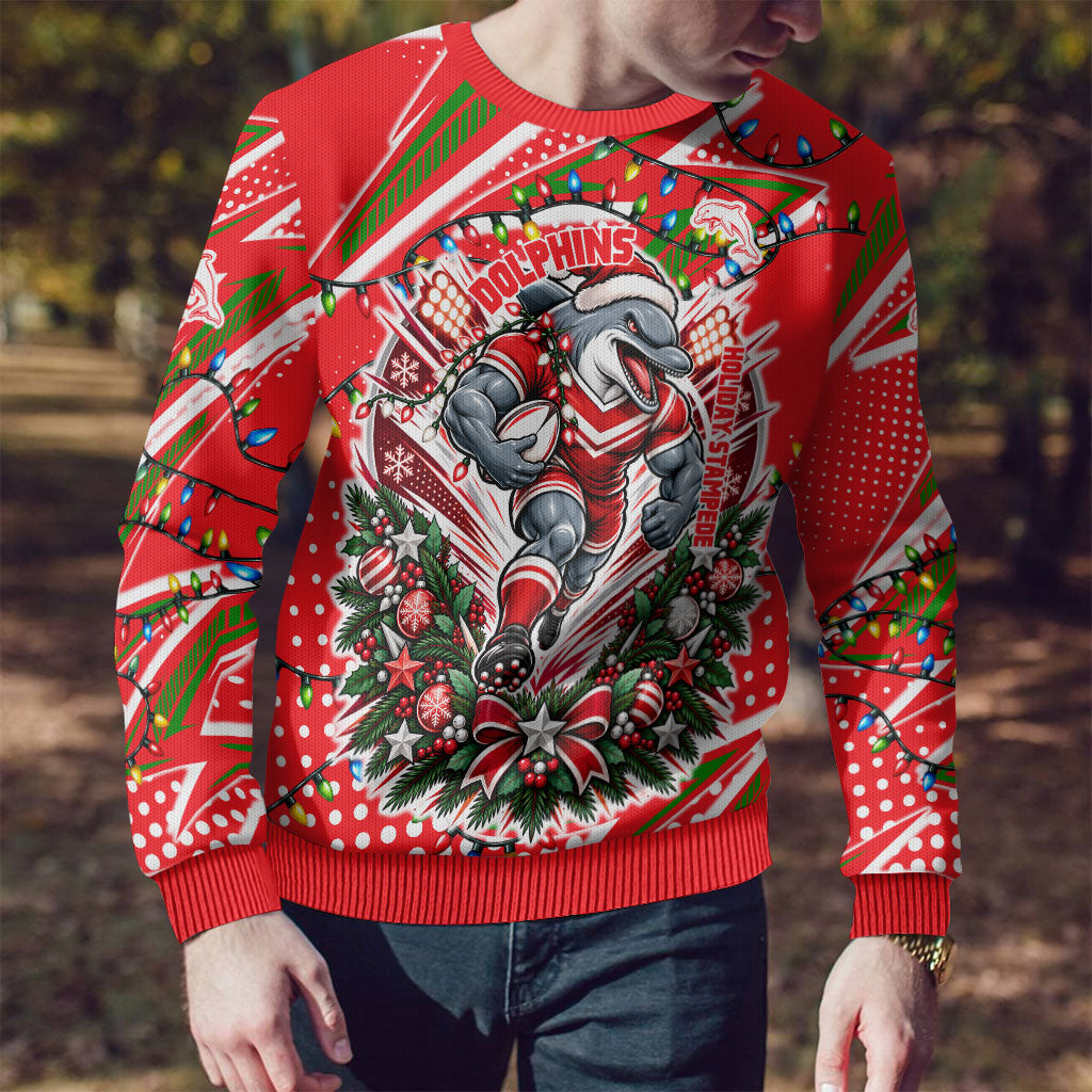 Personalized Dolphins Rugby Christmas Ugly Christmas Sweater Holiday Mascot Graphic Art Festive Lights Bow