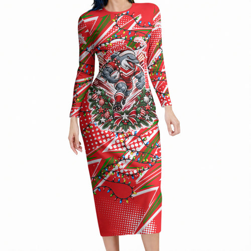 Personalized Dolphins Rugby Christmas Long Sleeve Bodycon Dress Holiday Mascot Graphic Art Festive Lights Bow