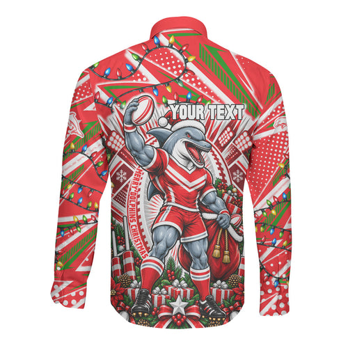 Personalized Dolphins Rugby Christmas Long Sleeve Button Shirt Holiday Mascot Graphic Art Festive Lights Bow