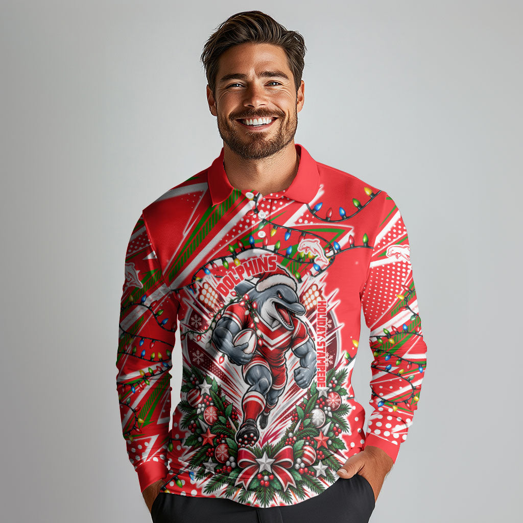 Personalized Dolphins Rugby Christmas Long Sleeve Polo Shirt Holiday Mascot Graphic Art Festive Lights Bow