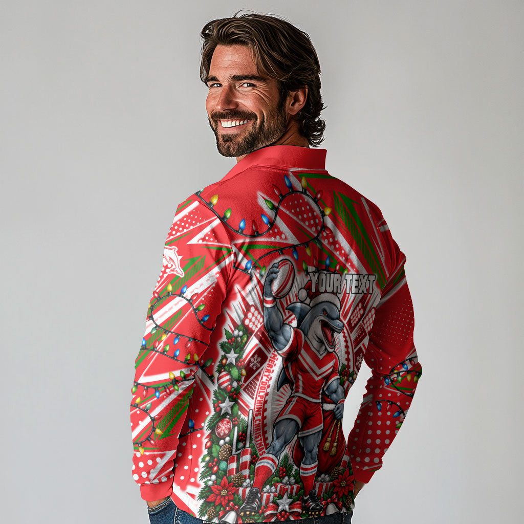 Personalized Dolphins Rugby Christmas Long Sleeve Polo Shirt Holiday Mascot Graphic Art Festive Lights Bow
