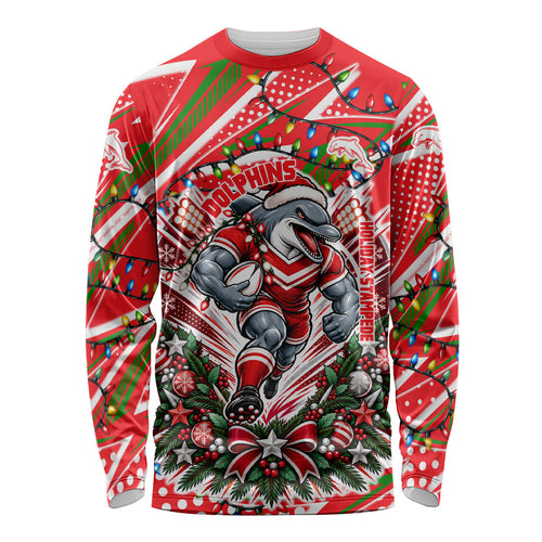Personalized Dolphins Rugby Christmas Long Sleeve Shirt Holiday Mascot Graphic Art Festive Lights Bow