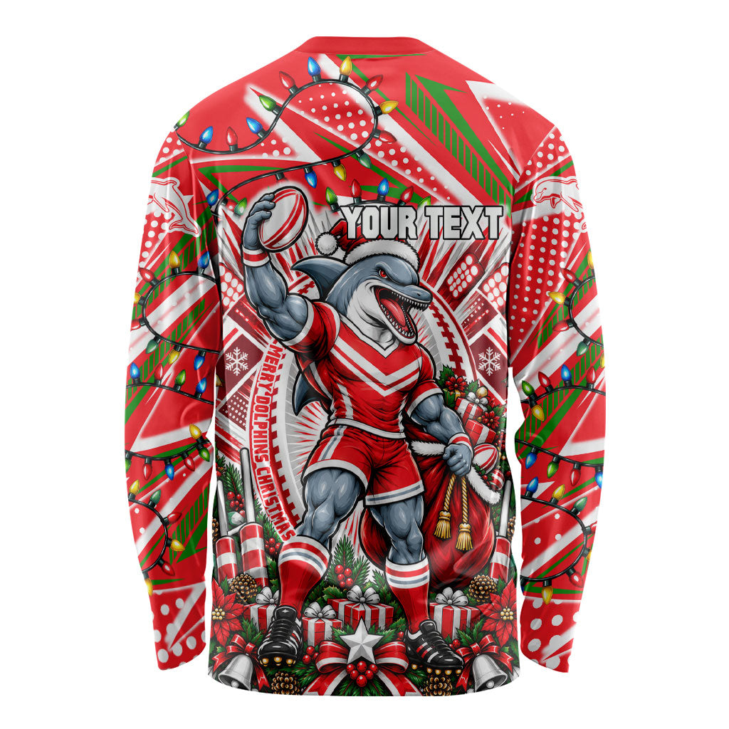 Personalized Dolphins Rugby Christmas Long Sleeve Shirt Holiday Mascot Graphic Art Festive Lights Bow