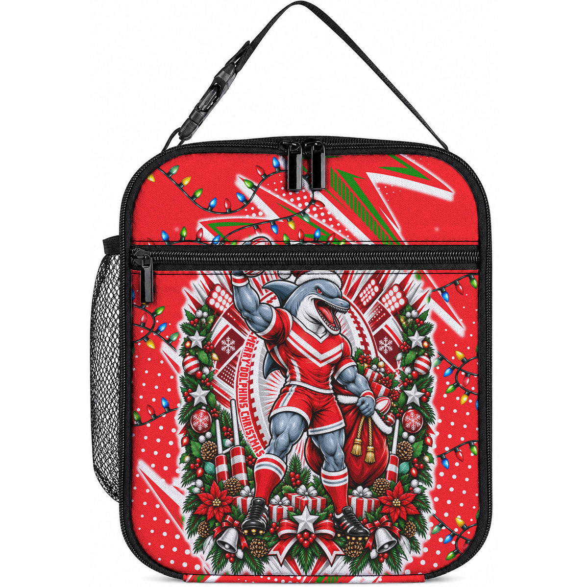 Personalized Dolphins Rugby Christmas Lunch Bag Holiday Mascot Graphic Art Festive Lights Bow