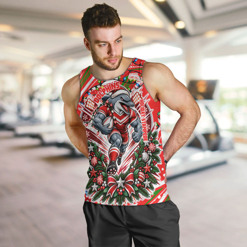Personalized Dolphins Rugby Christmas Men Tank Top Holiday Mascot Graphic Art Festive Lights Bow