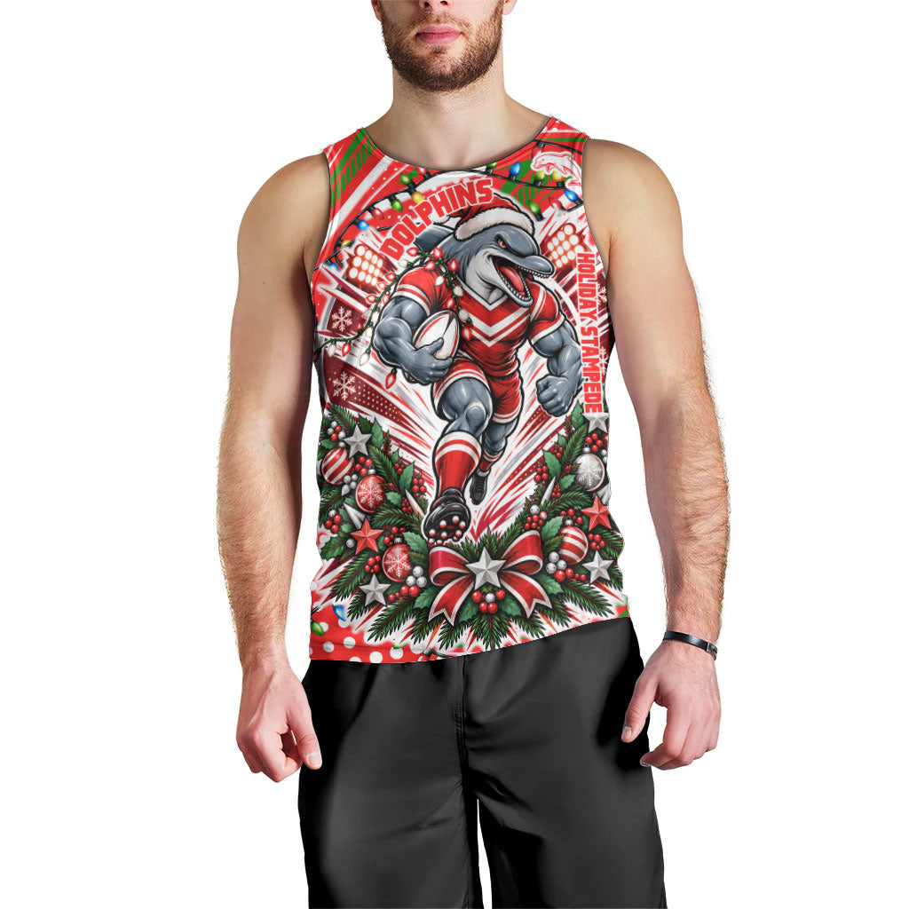 Personalized Dolphins Rugby Christmas Men Tank Top Holiday Mascot Graphic Art Festive Lights Bow