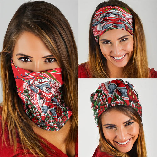 Personalized Dolphins Rugby Christmas Neck Gaiter Holiday Mascot Graphic Art Festive Lights Bow