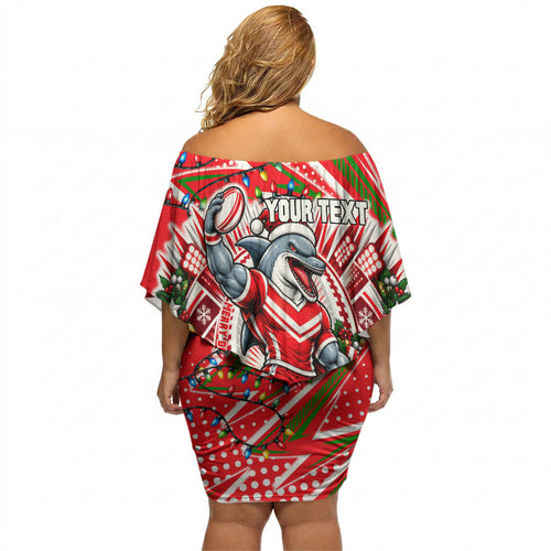 Personalized Dolphins Rugby Christmas Off Shoulder Short Dress Holiday Mascot Graphic Art Festive Lights Bow