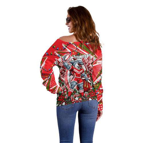 Personalized Dolphins Rugby Christmas Off Shoulder Sweater Holiday Mascot Graphic Art Festive Lights Bow