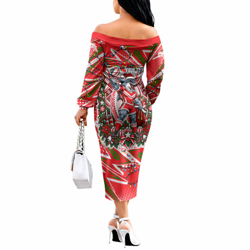 Personalized Dolphins Rugby Christmas Off The Shoulder Long Sleeve Dress Holiday Mascot Graphic Art Festive Lights Bow