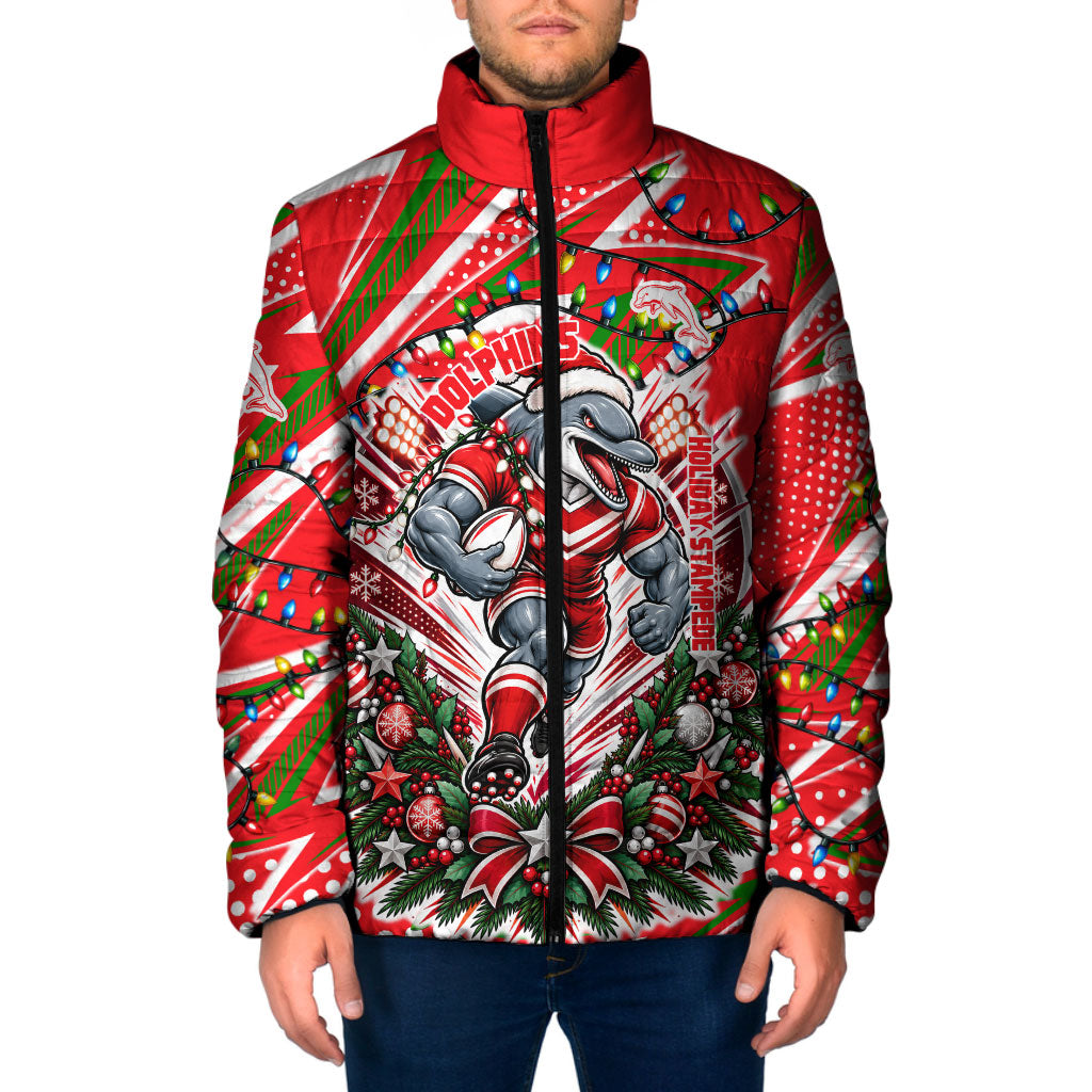 Personalized Dolphins Rugby Christmas Padded Jacket Holiday Mascot Graphic Art Festive Lights Bow