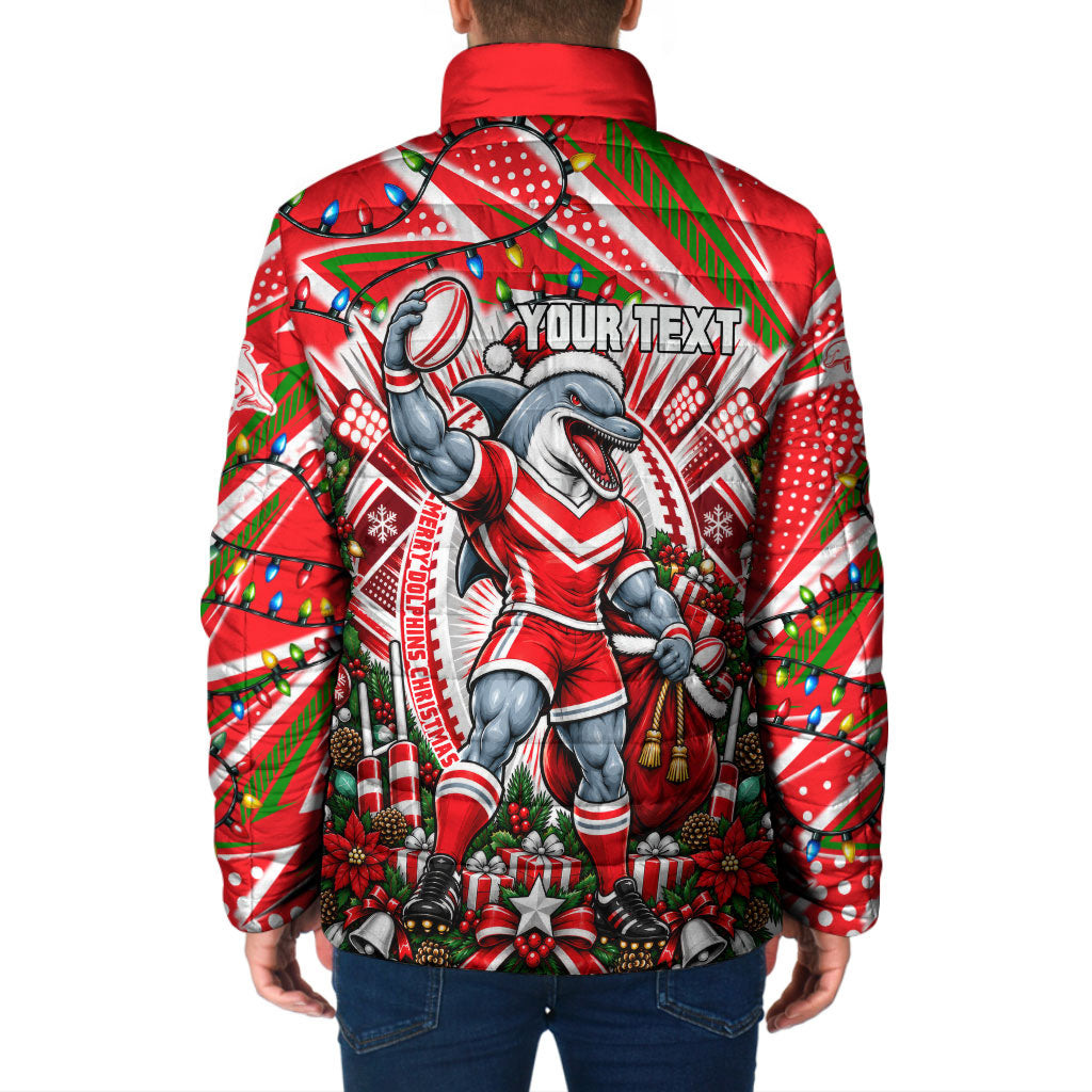 Personalized Dolphins Rugby Christmas Padded Jacket Holiday Mascot Graphic Art Festive Lights Bow