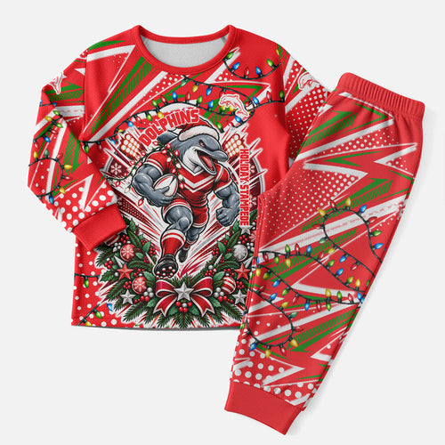 Personalized Dolphins Rugby Christmas Pajama Set Holiday Mascot Graphic Art Festive Lights Bow
