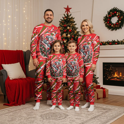 Personalized Dolphins Rugby Christmas Pajama Set Holiday Mascot Graphic Art Festive Lights Bow