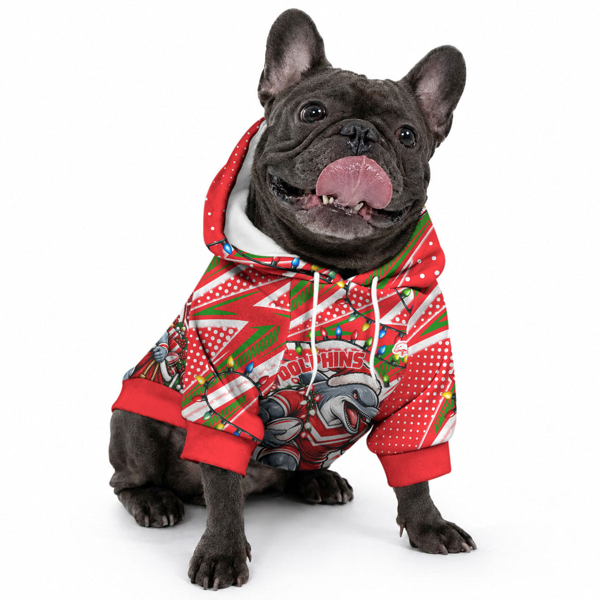 Personalized Dolphins Rugby Christmas Pet Hoodie Holiday Mascot Graphic Art Festive Lights Bow