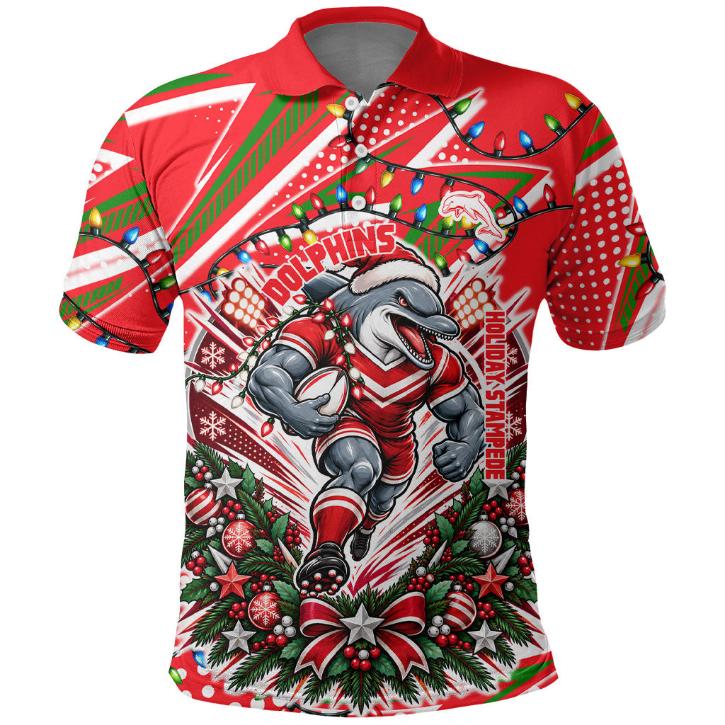 Personalized Dolphins Rugby Christmas Polo Shirt Holiday Mascot Graphic Art Festive Lights Bow