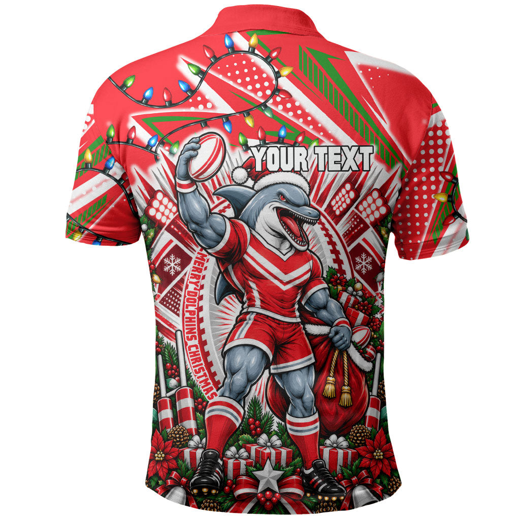 Personalized Dolphins Rugby Christmas Polo Shirt Holiday Mascot Graphic Art Festive Lights Bow