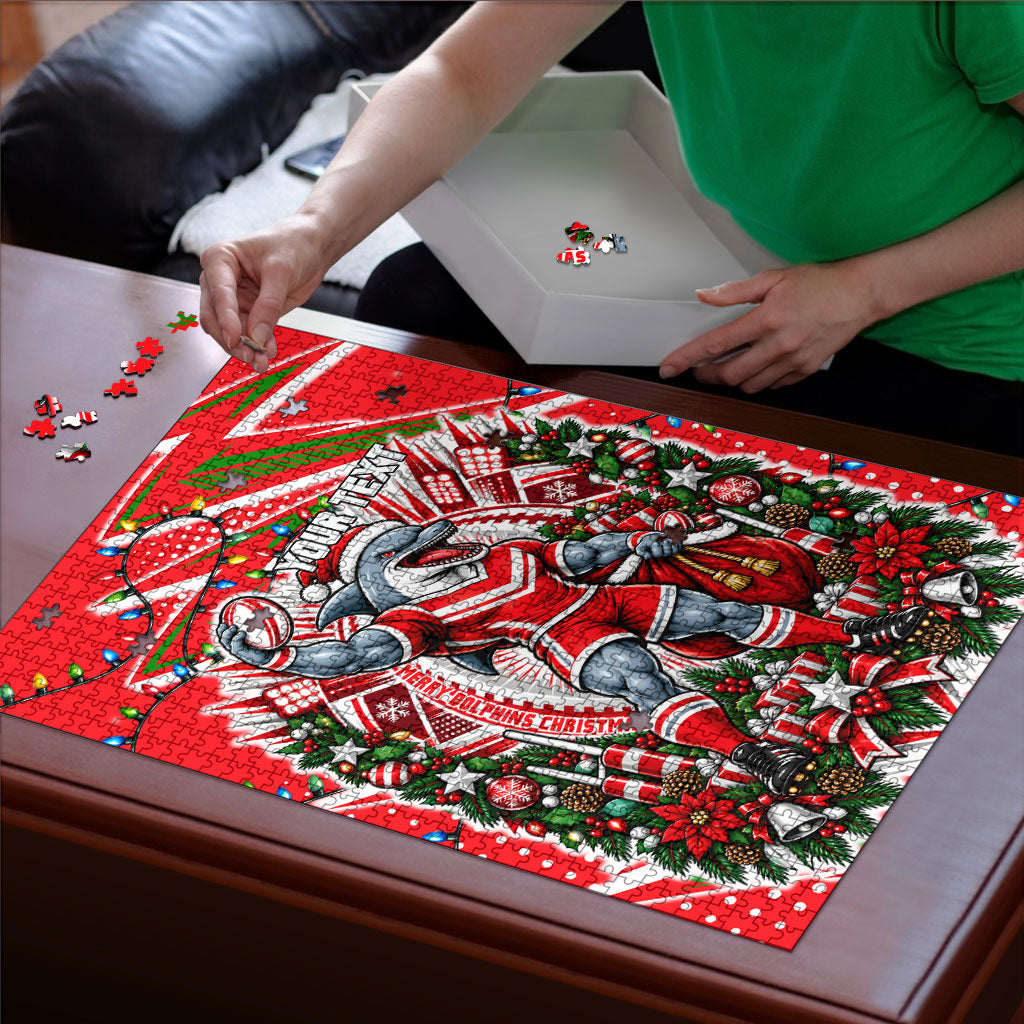Personalized Dolphins Rugby Christmas Puzzle Holiday Mascot Graphic Art Festive Lights Bow
