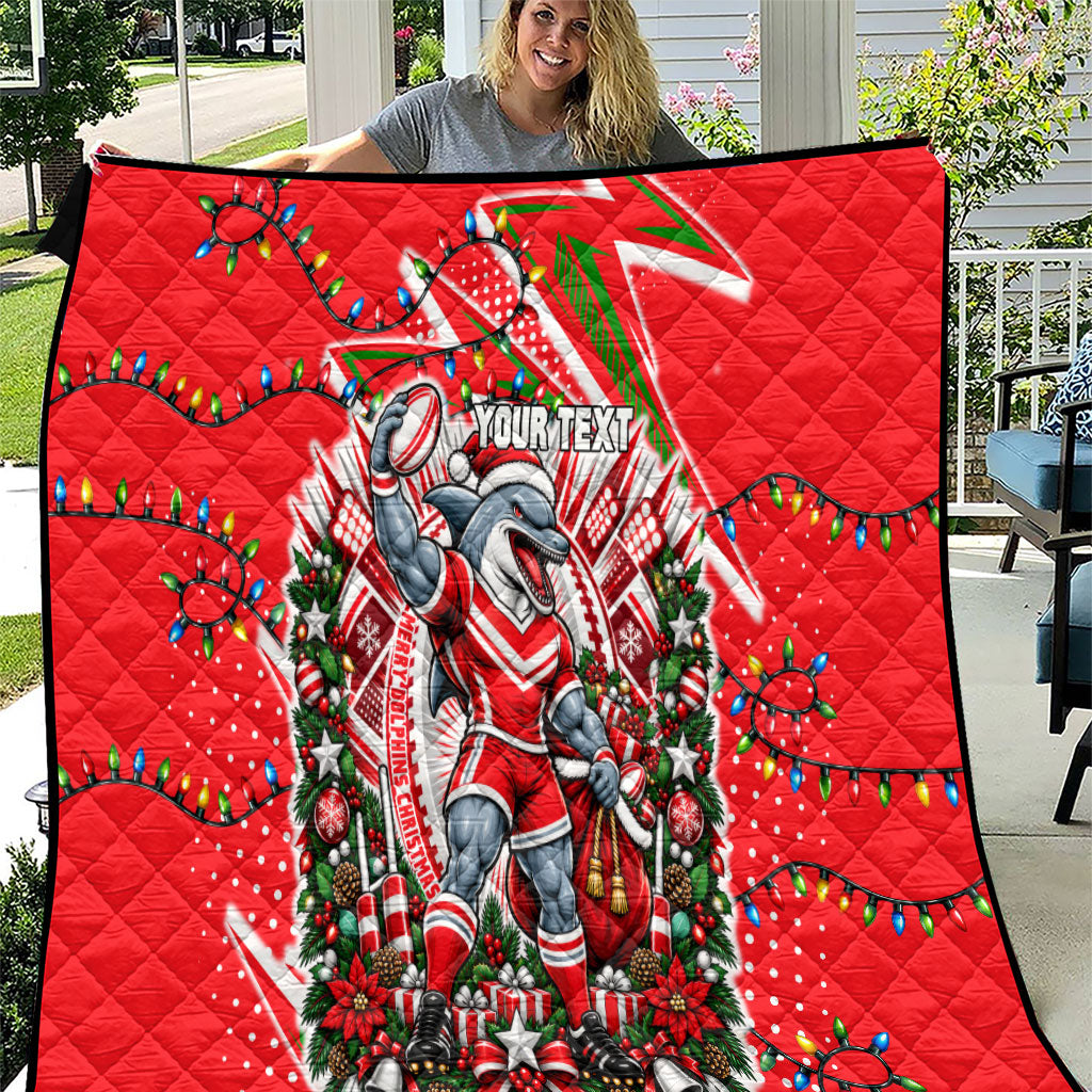 Personalized Dolphins Rugby Christmas Quilt Holiday Mascot Graphic Art Festive Lights Bow