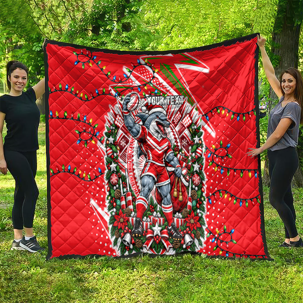 Personalized Dolphins Rugby Christmas Quilt Holiday Mascot Graphic Art Festive Lights Bow