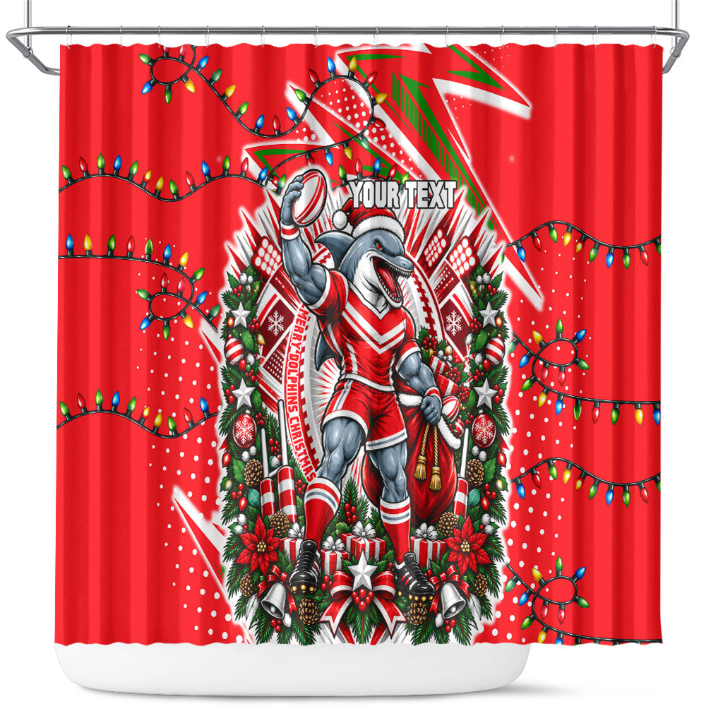 Personalized Dolphins Rugby Christmas Shower Curtain Holiday Mascot Graphic Art Festive Lights Bow