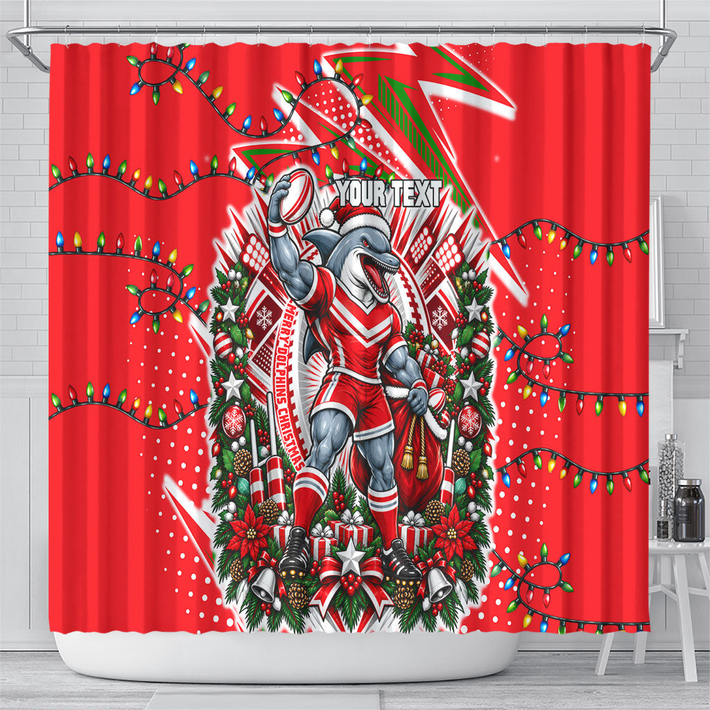 Personalized Dolphins Rugby Christmas Shower Curtain Holiday Mascot Graphic Art Festive Lights Bow