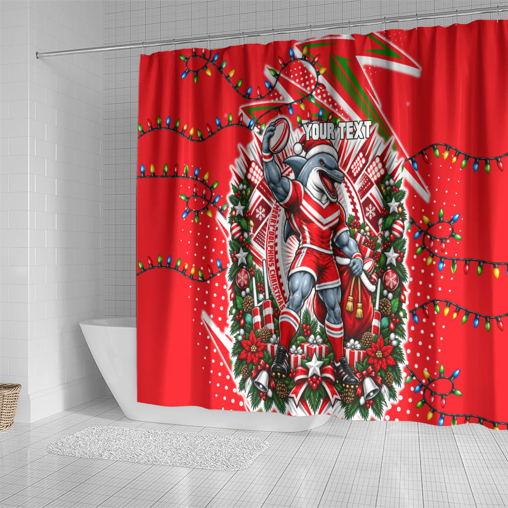 Personalized Dolphins Rugby Christmas Shower Curtain Holiday Mascot Graphic Art Festive Lights Bow