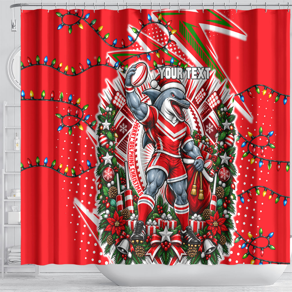 Personalized Dolphins Rugby Christmas Shower Curtain Holiday Mascot Graphic Art Festive Lights Bow