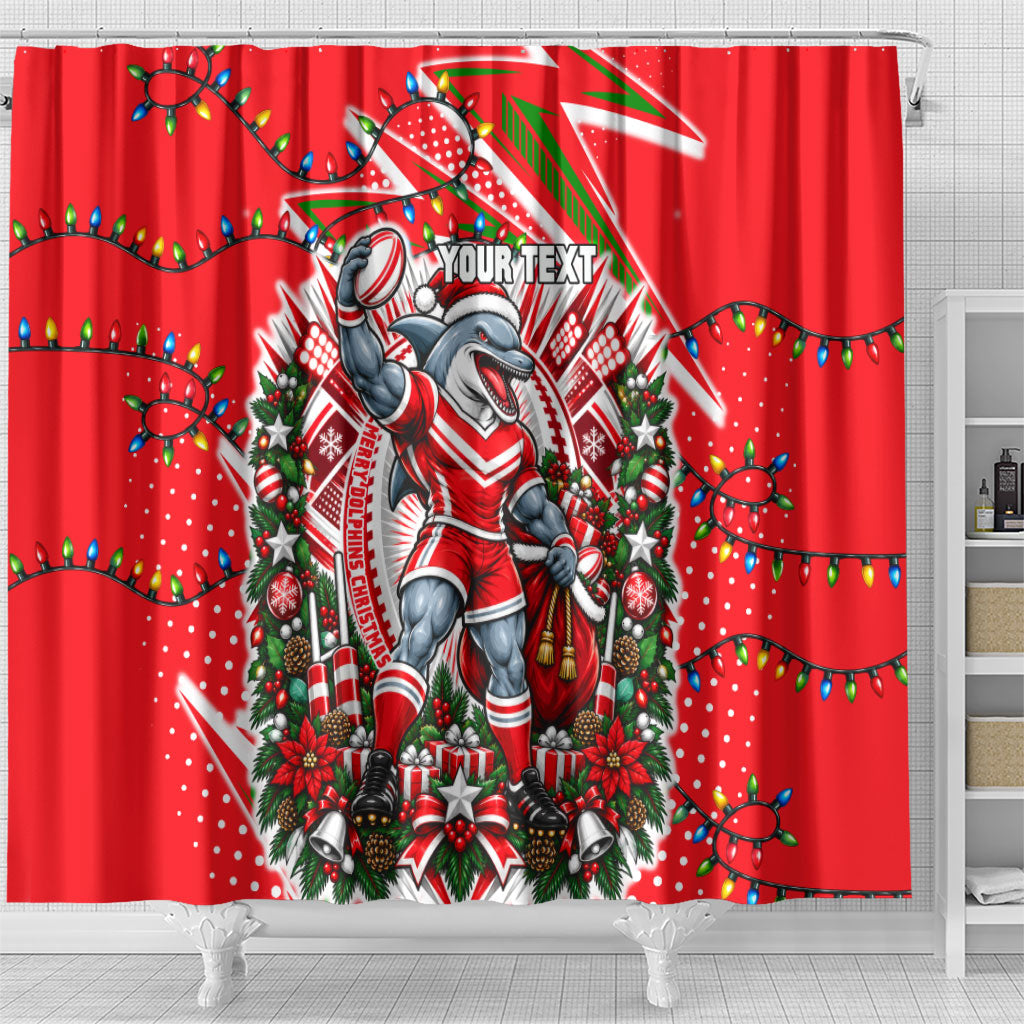 Personalized Dolphins Rugby Christmas Shower Curtain Holiday Mascot Graphic Art Festive Lights Bow