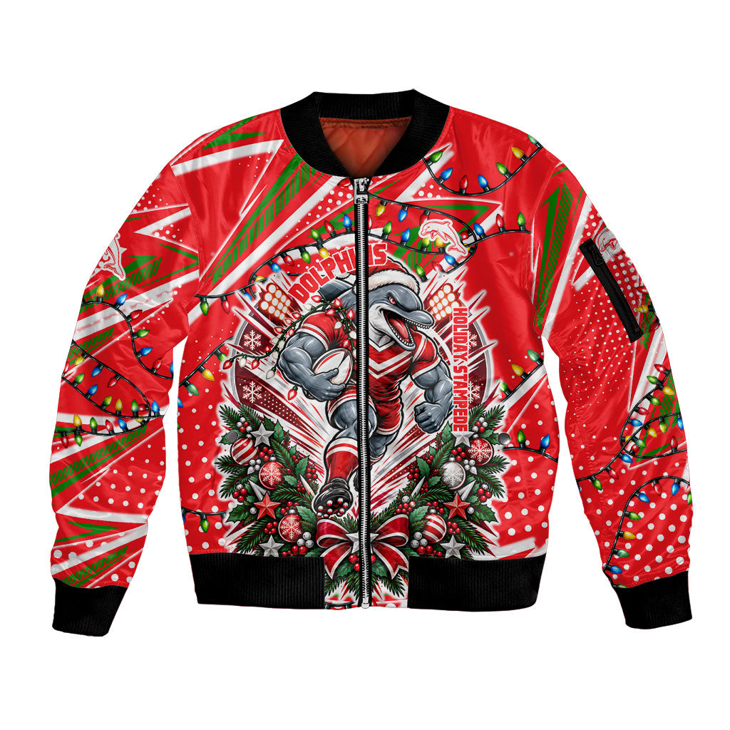 Personalized Dolphins Rugby Christmas Sleeve Zip Bomber Jacket Holiday Mascot Graphic Art Festive Lights Bow