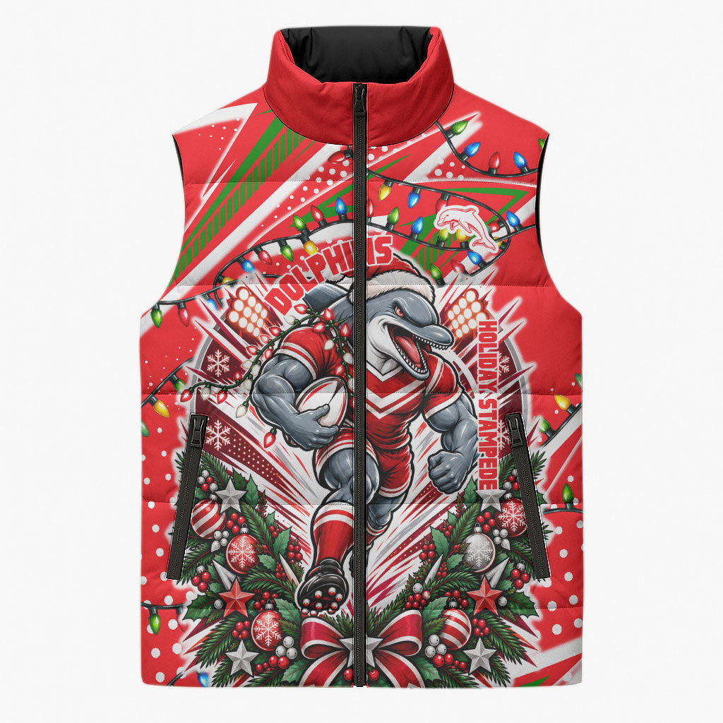 Personalized Dolphins Rugby Christmas Sleeveless Puffer Jacket Holiday Mascot Graphic Art Festive Lights Bow