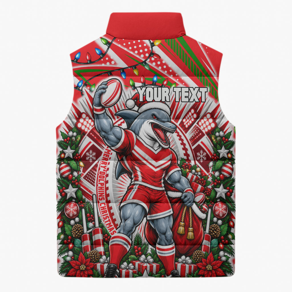 Personalized Dolphins Rugby Christmas Sleeveless Puffer Jacket Holiday Mascot Graphic Art Festive Lights Bow