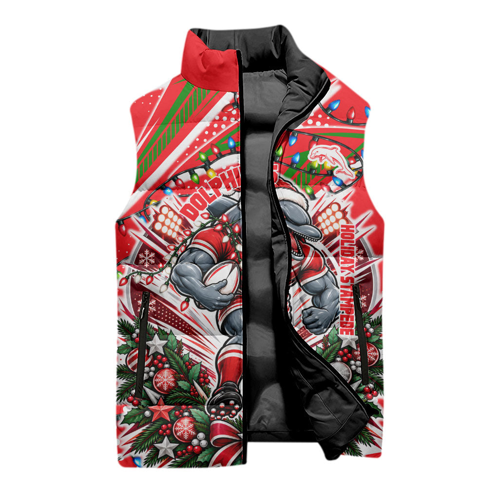 Personalized Dolphins Rugby Christmas Sleeveless Puffer Jacket Holiday Mascot Graphic Art Festive Lights Bow