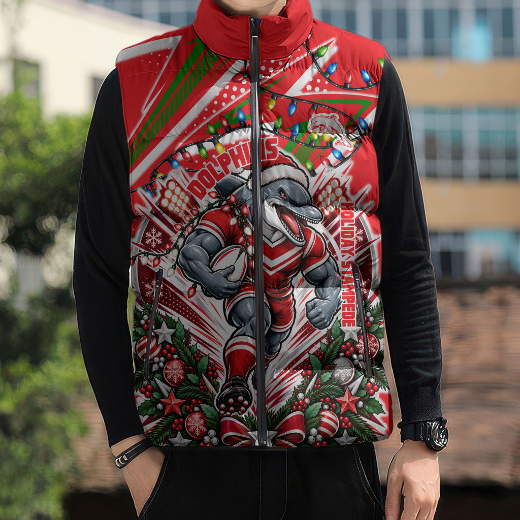 Personalized Dolphins Rugby Christmas Sleeveless Puffer Jacket Holiday Mascot Graphic Art Festive Lights Bow