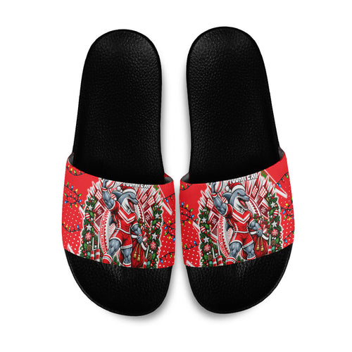 Personalized Dolphins Rugby Christmas Slide Sandals Holiday Mascot Graphic Art Festive Lights Bow